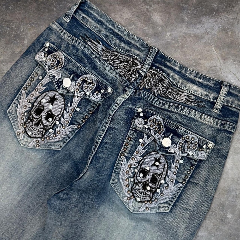 Skull Embroidered Rhinestones Flared Bootcut Jeans Women's Size Large Goth Y2K